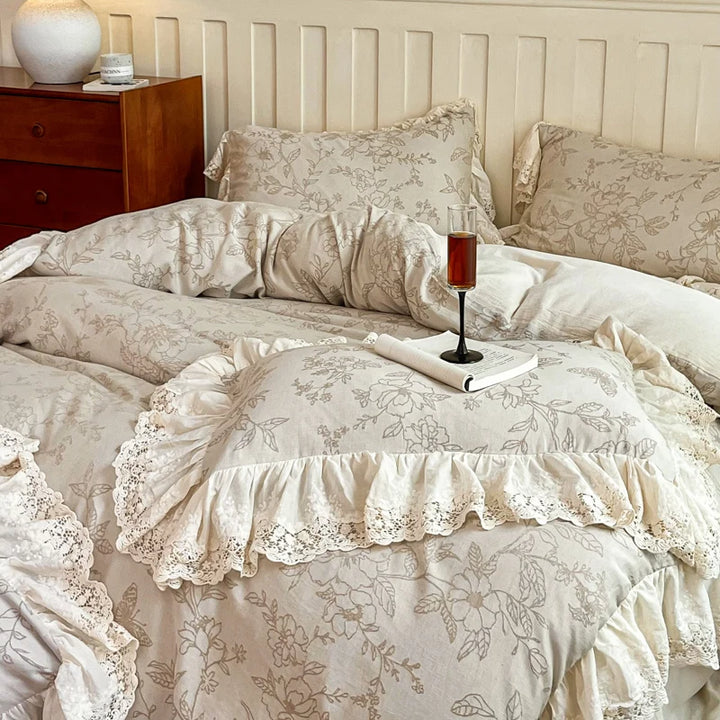 Natural Cotton Linen Jacquard Lace Ruffles Bedding Set – Elegant Duvet Covers for Queen or King Size Beds 2