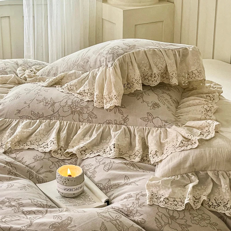 Natural Cotton Linen Jacquard Lace Ruffles Bedding Set – Elegant Duvet Covers for Queen or King Size Beds 3