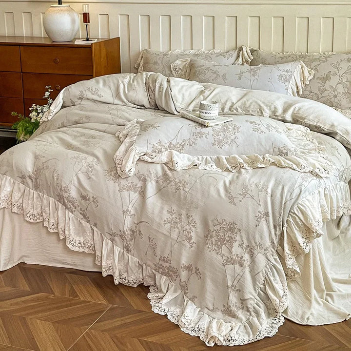 Natural Cotton Linen Jacquard Lace Ruffles Bedding Set – Elegant Duvet Covers for Queen or King Size Beds 6