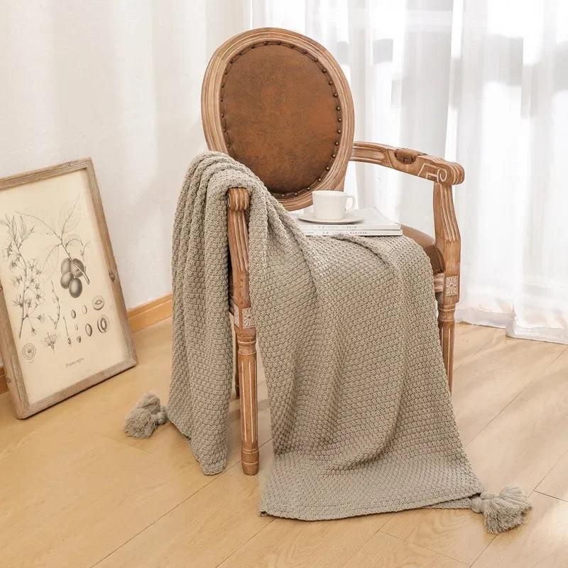 Nordic Knitted Blanket with Tassels – Cozy Throw for Bed, Sofa, or Travel 8