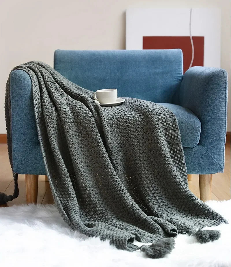 Nordic Knitted Blanket with Tassels – Cozy Throw for Bed, Sofa, or Travel 9