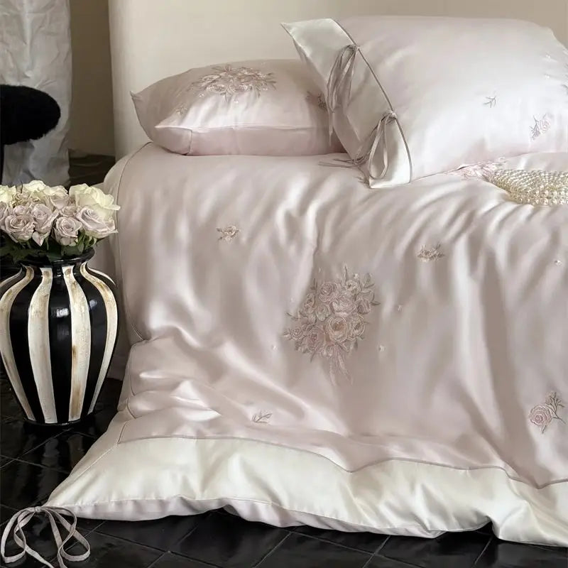Pink Floral Embroidery Bedding Set – Soft Lyocell Cotton Duvet Cover for Cozy Bedrooms 0