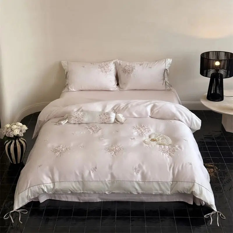 Pink Floral Embroidery Bedding Set – Soft Lyocell Cotton Duvet Cover for Cozy Bedrooms 2