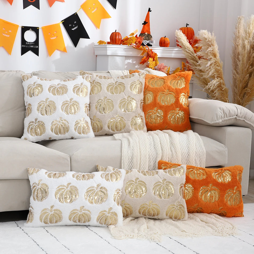 Plush Halloween Pumpkin Throw Pillow Cover with Sequin Embroidery – Festive Decor for Living Room or Bedroom 0