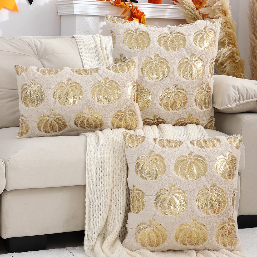 Plush Halloween Pumpkin Throw Pillow Cover with Sequin Embroidery – Festive Decor for Living Room or Bedroom 1