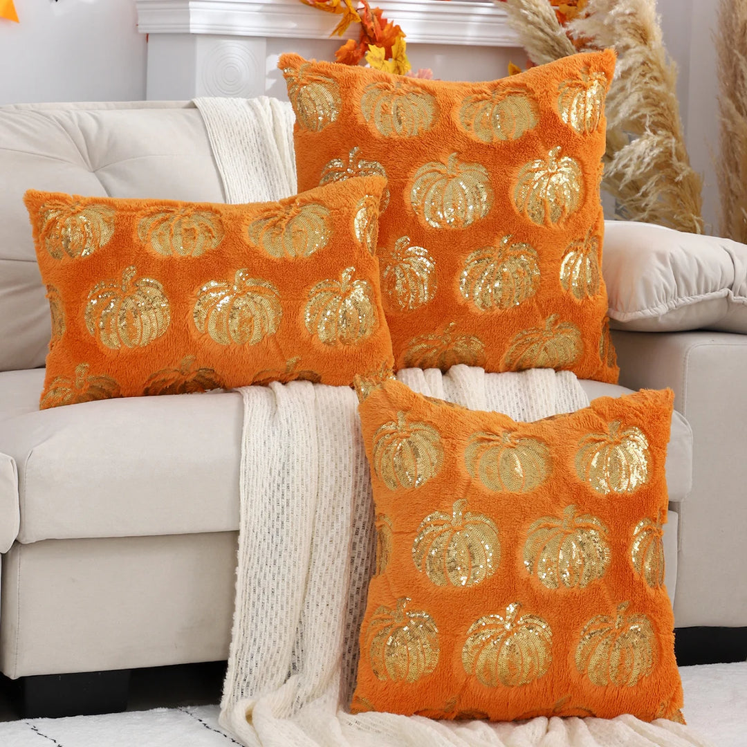 Plush Halloween Pumpkin Throw Pillow Cover with Sequin Embroidery – Festive Decor for Living Room or Bedroom 5