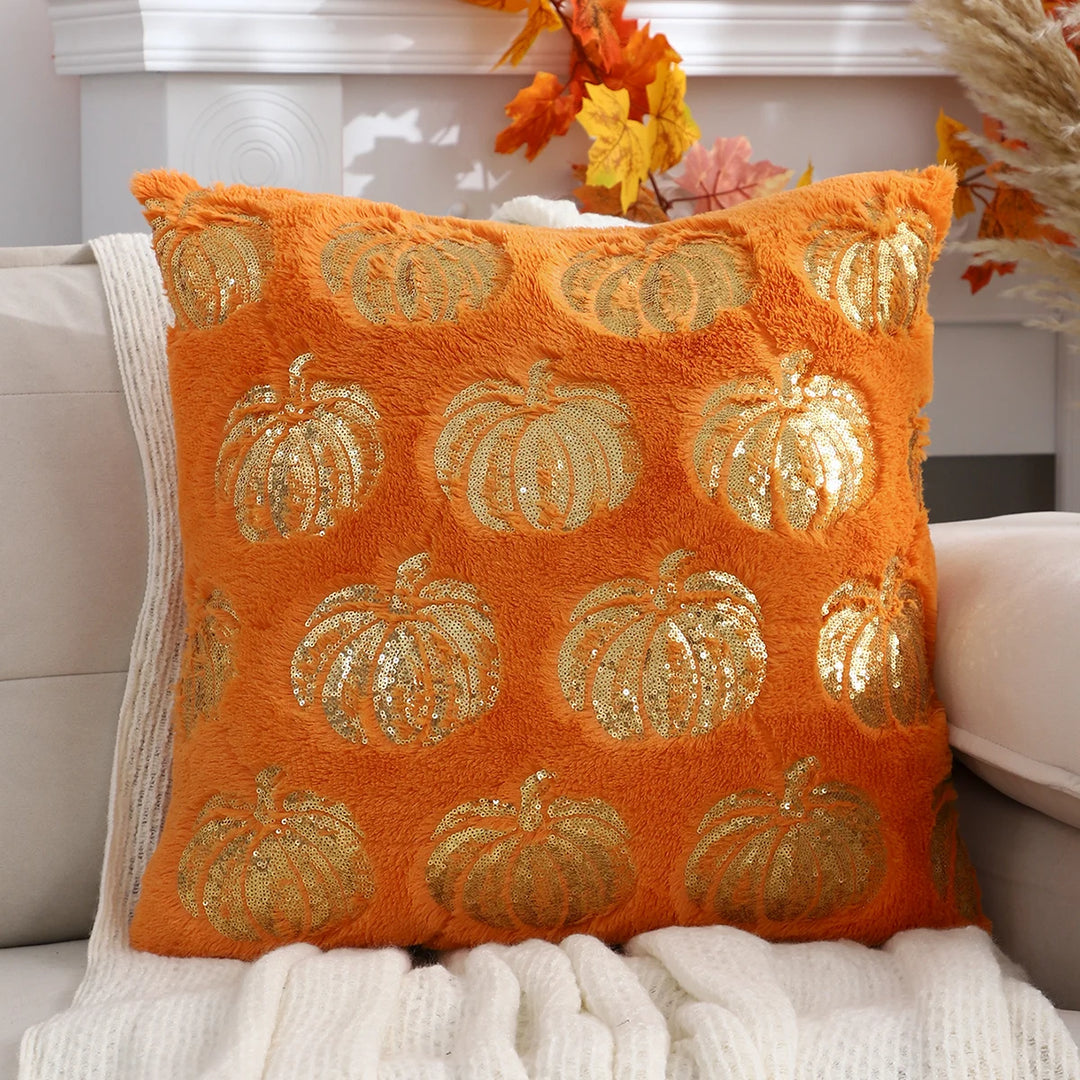 Plush Halloween Pumpkin Throw Pillow Cover with Sequin Embroidery – Festive Decor for Living Room or Bedroom 7
