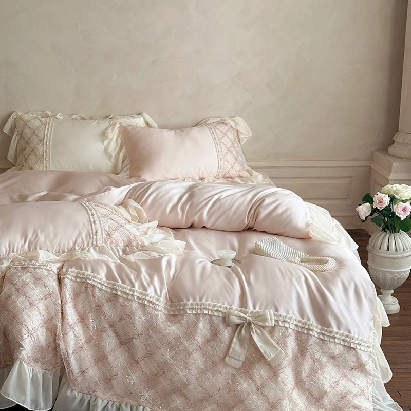 Princess Style Lace Ruffles Bow Bedding Set – Soft Bamboo Duvet Cover and Sheet Set for Elegant Bedroom Decor 0