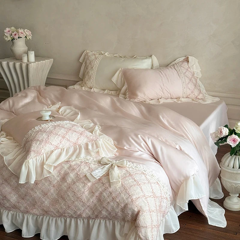 Princess Style Lace Ruffles Bow Bedding Set – Soft Bamboo Duvet Cover and Sheet Set for Elegant Bedroom Decor 2