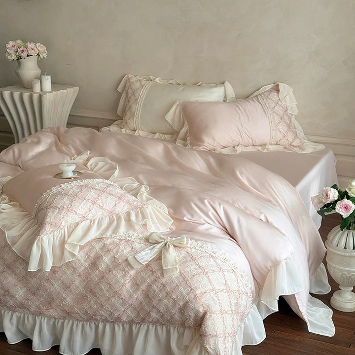 Princess Style Lace Ruffles Bow Bedding Set – Soft Bamboo Duvet Cover and Sheet Set for Elegant Bedroom Decor 2