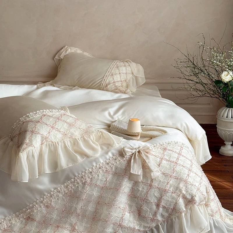 Princess Style Lace Ruffles Bow Bedding Set – Soft Bamboo Duvet Cover and Sheet Set for Elegant Bedroom Decor 6