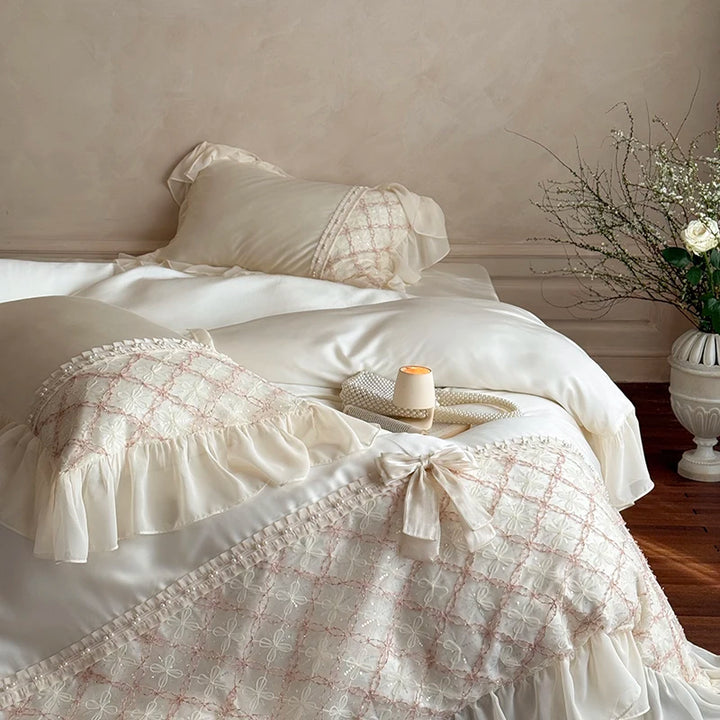 Princess Style Lace Ruffles Bow Bedding Set – Soft Bamboo Duvet Cover and Sheet Set for Elegant Bedroom Decor 6
