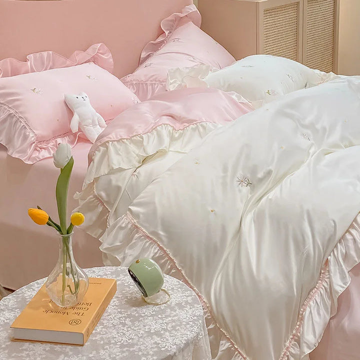 Queen Size Duvet Cover Bedding Set – Elegant White and Pink Design for Spring and Summer Comfort 10