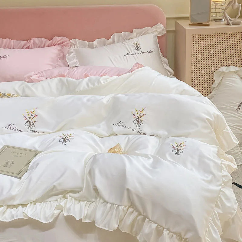 Queen Size Duvet Cover Bedding Set – Elegant White and Pink Design for Spring and Summer Comfort 11