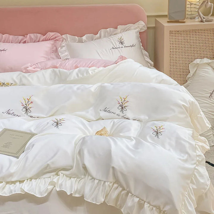 Queen Size Duvet Cover Bedding Set – Elegant White and Pink Design for Spring and Summer Comfort 11