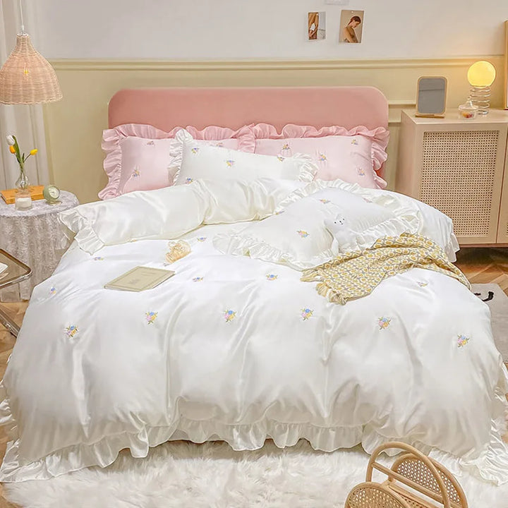 Queen Size Duvet Cover Bedding Set – Elegant White and Pink Design for Spring and Summer Comfort 4