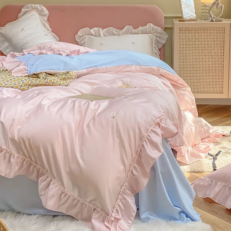 Queen Size Duvet Cover Bedding Set – Elegant White and Pink Design for Spring and Summer Comfort 7