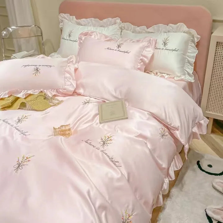 Queen Size Duvet Cover Bedding Set – Elegant White and Pink Design for Spring and Summer Comfort 9