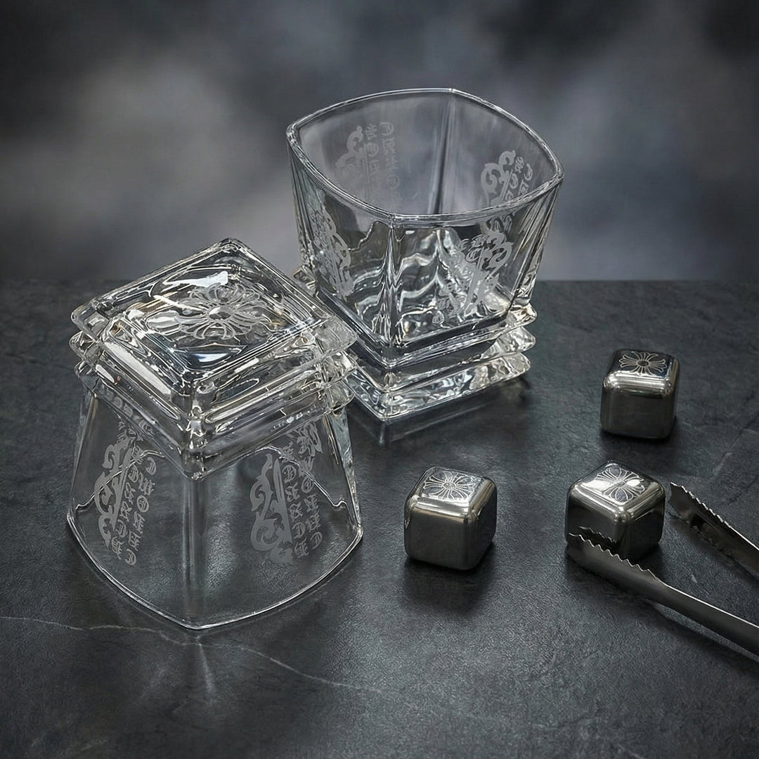 Luxury Midnight Manor whiskey gift set with two 300ml gothic glasses and laser-etched stainless steel cooling cubes on a black marble surface