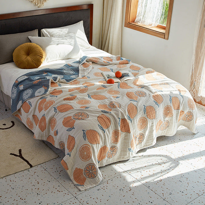 Santara Quilted Cotton Throw Blanket with Citrus Pattern – Reversible Boho Style for Cozy Home Decor 0
