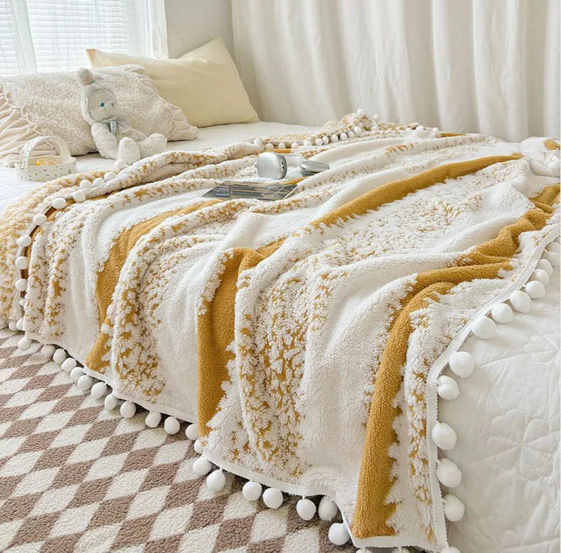 Soft Jacquard Blanket with Fluffy Ball Lace – Cozy Throw for Sofa or Bed 0