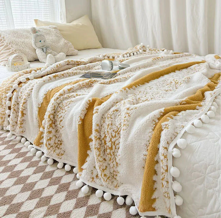 Soft Jacquard Blanket with Fluffy Ball Lace – Cozy Throw for Sofa or Bed 0