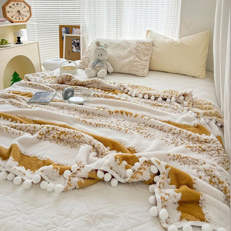 Soft Jacquard Blanket with Fluffy Ball Lace – Cozy Throw for Sofa or Bed 1
