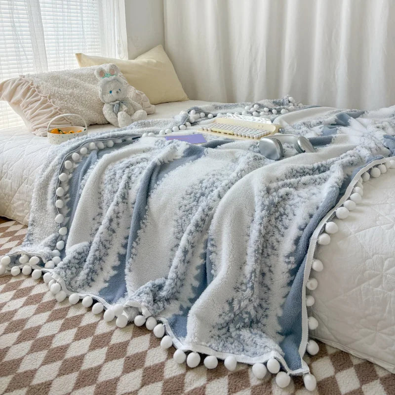 Soft Jacquard Blanket with Fluffy Ball Lace – Cozy Throw for Sofa or Bed 6