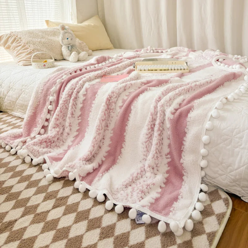 Soft Jacquard Blanket with Fluffy Ball Lace – Cozy Throw for Sofa or Bed 7