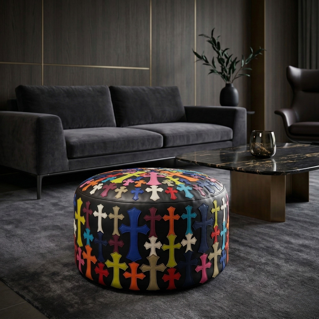 Sovereign Grand Ottoman: Handcrafted Gothic Cross Leather Pouf