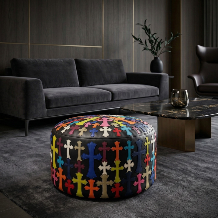 Sovereign Grand Ottoman: Handcrafted Gothic Cross Leather Pouf