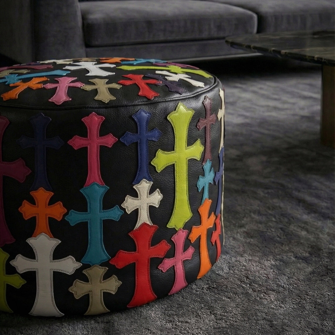 Sovereign Grand Ottoman: Handcrafted Gothic Cross Leather Pouf2