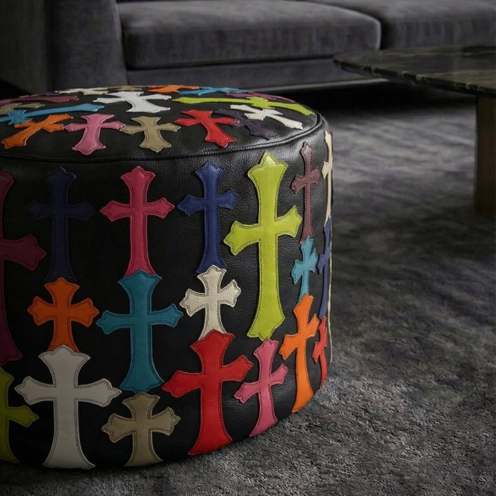 Sovereign Grand Ottoman: Handcrafted Gothic Cross Leather Pouf2