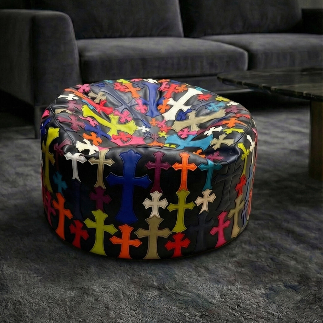 Sovereign Grand Ottoman: Handcrafted Gothic Cross Leather Pouf3