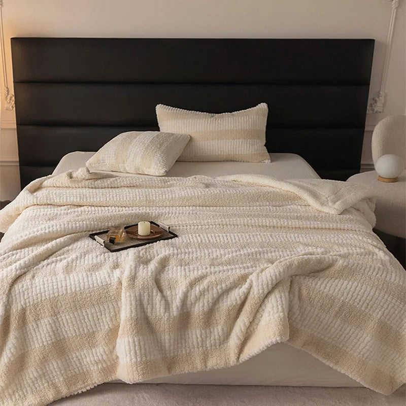 Thick Composite Lamb Wool Striped Blanket – Cozy and Skin-Friendly for All Seasons 0