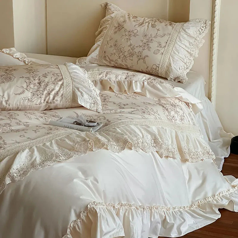 Vintage Floral Bedding Set with Duvet Cover and Ruffles – 100% Cotton for Cozy Bedroom Decor 0