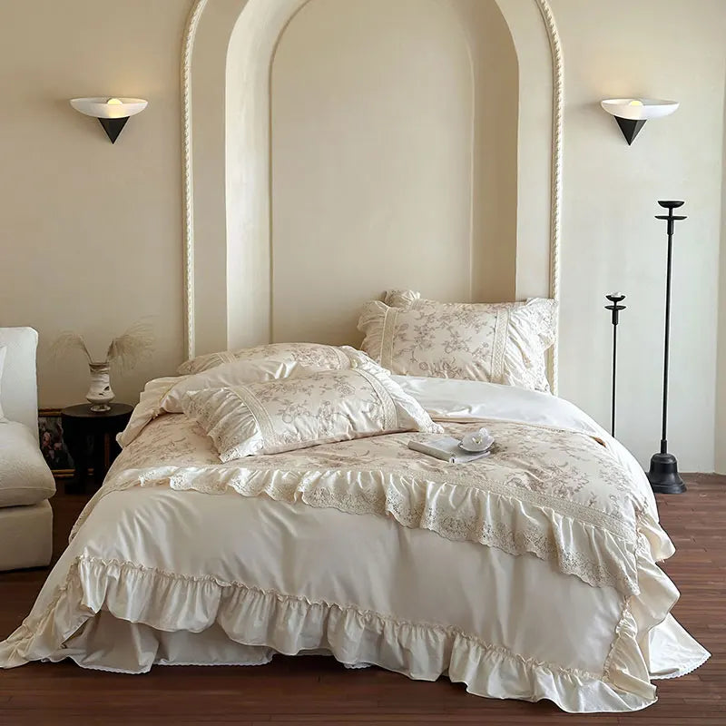 Vintage Floral Bedding Set with Duvet Cover and Ruffles – 100% Cotton for Cozy Bedroom Decor 1