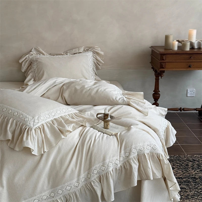 Vintage French Bedding Set with Linen Duvet Cover – Luxurious 4-Piece Set for Queen or King Size Beds 0