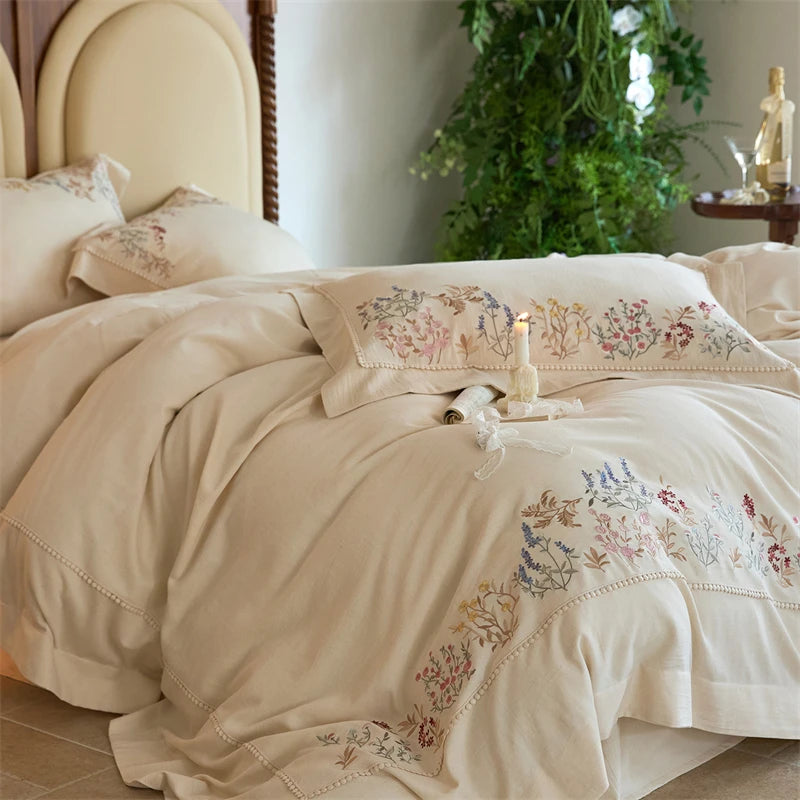 Vintage French Floral Embroidery Bedding Set – Luxurious Cotton-Linen Duvet Covers for Elegant Bedrooms 0