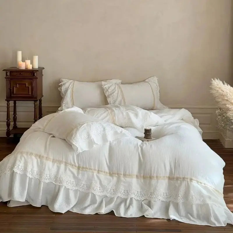 Vintage French Lace Ruffle Bedding Set – 100% Cotton Duvet Cover with Sheets for Cozy Bedroom Decor 0