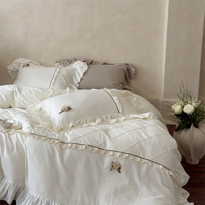 Vintage French Lace Ruffles Bedding Set – 100% Cotton Duvet Cover and Pillowcases for Elegant Bedroom Decor 0