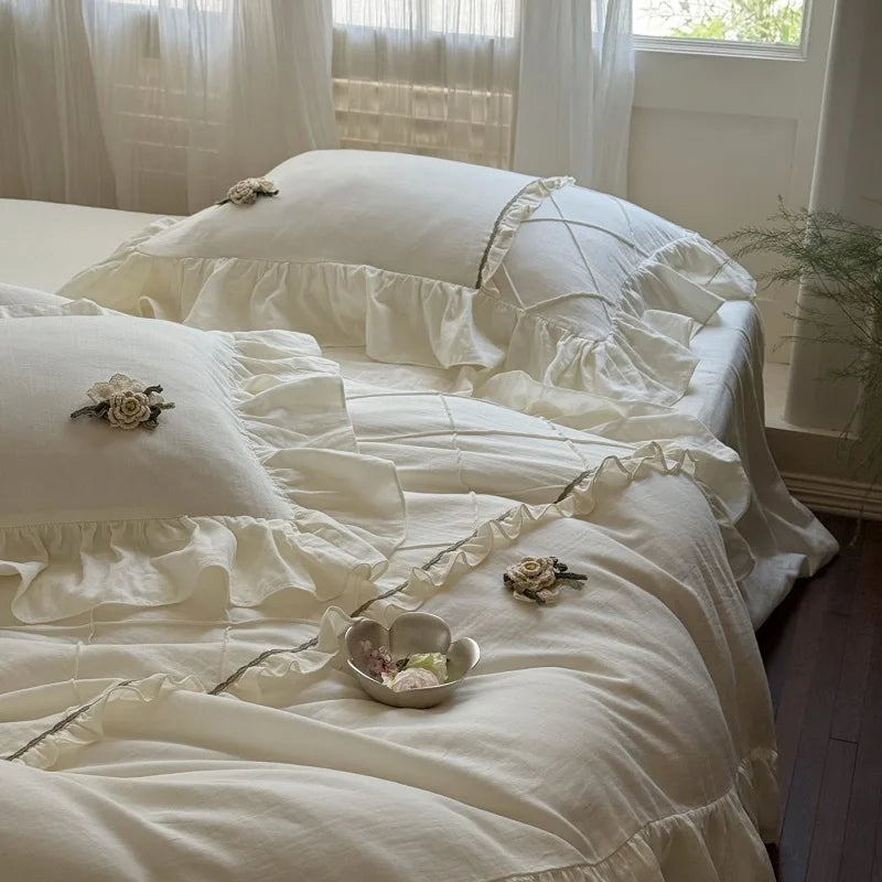Vintage French Lace Ruffles Bedding Set – 100% Cotton Duvet Cover and Pillowcases for Elegant Bedroom Decor 2