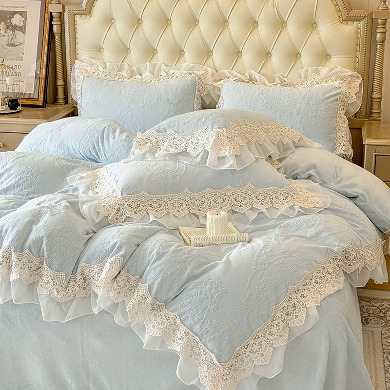 Vintage French Lace Ruffles Velvet Bedding Set – Cozy Duvet Cover with Flat Sheet and Pillowcases for Elegant Bedroom Decor 0
