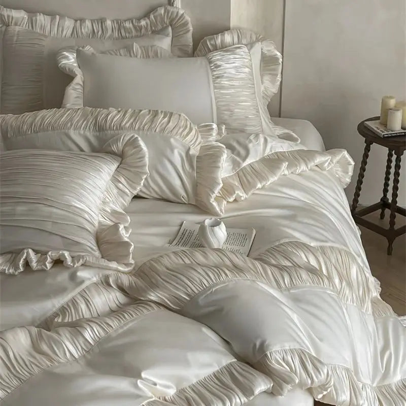Vintage French Romantic Washed Cotton Bedding Set – Elegant Duvet Covers with Lace Ruffles for Bedroom Decor 0