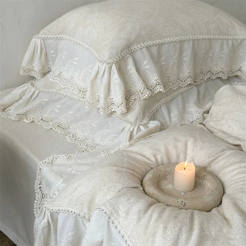 Vintage Jacquard Linen Cotton Bedding Set – Elegant Duvet Cover with Lace Ruffles for Queen or King Size Beds 0