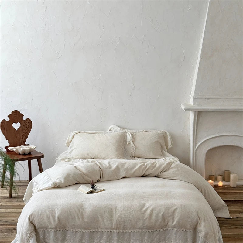 Vintage Jacquard Linen Cotton Bedding Set – Elegant Duvet Cover with Lace Ruffles for Queen or King Size Beds 2