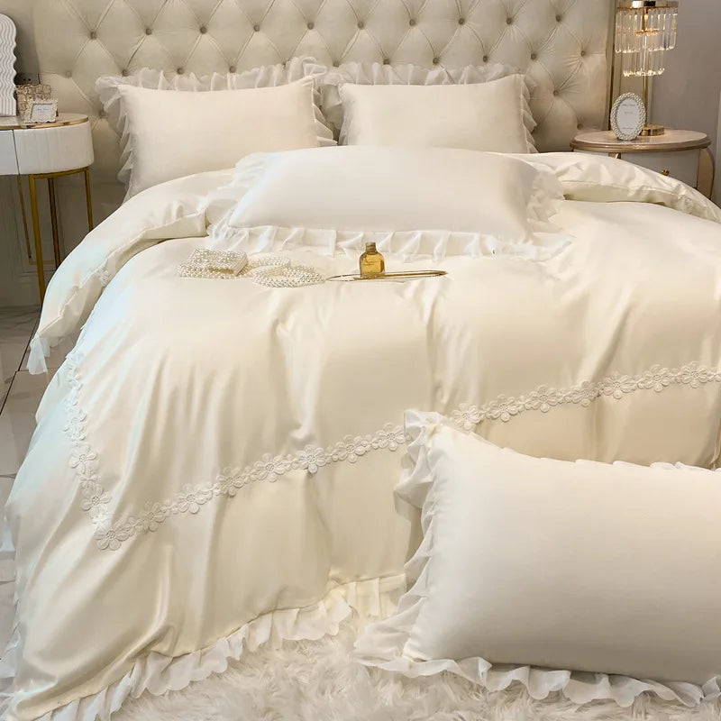 Washed Tencel Lace Bed Set with Duvet Cover – Elegant Solid Color Bedding for a Princess Style Bedroom 2