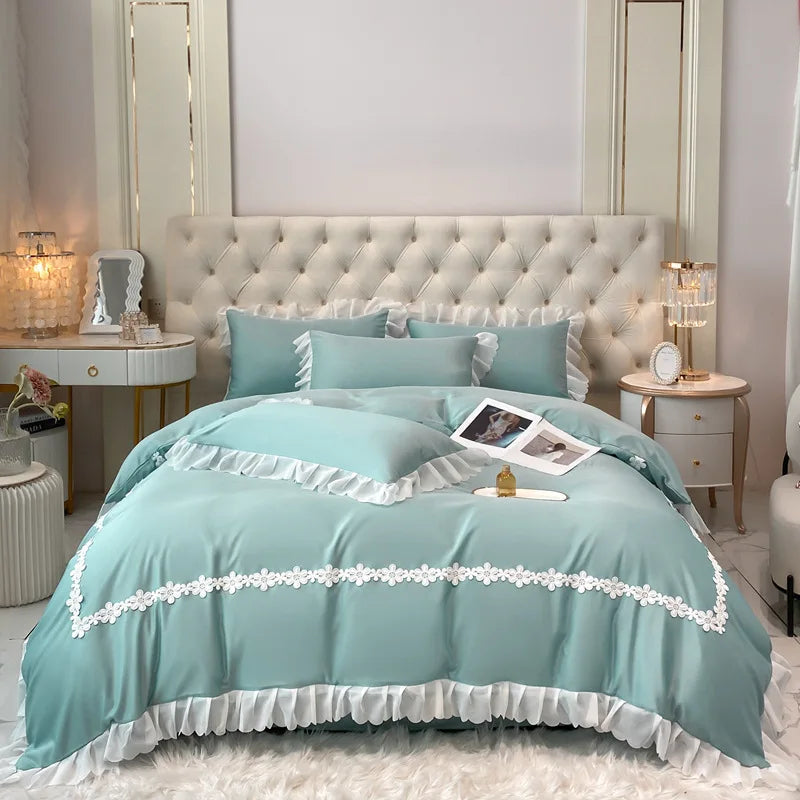Washed Tencel Lace Bed Set with Duvet Cover – Elegant Solid Color Bedding for a Princess Style Bedroom 5