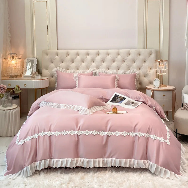 Washed Tencel Lace Bed Set with Duvet Cover – Elegant Solid Color Bedding for a Princess Style Bedroom 6