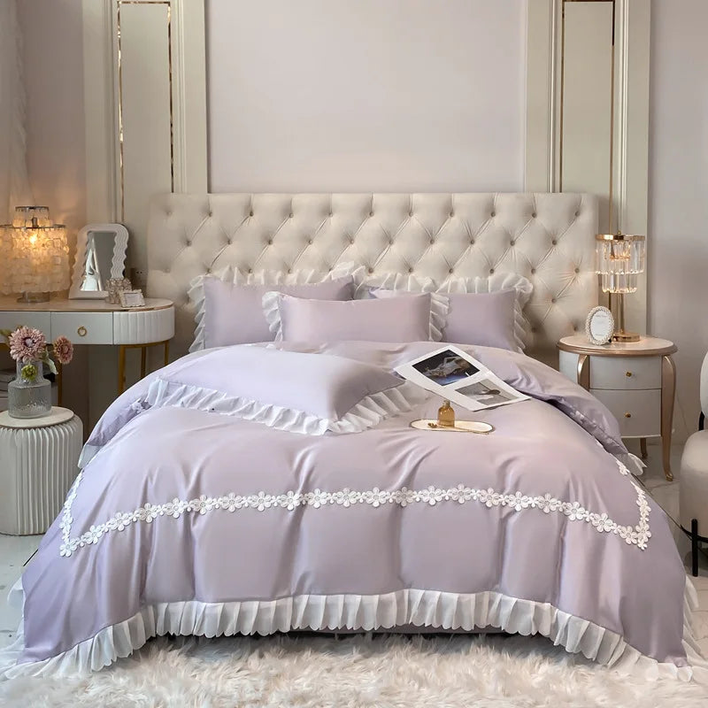 Washed Tencel Lace Bed Set with Duvet Cover – Elegant Solid Color Bedding for a Princess Style Bedroom 7